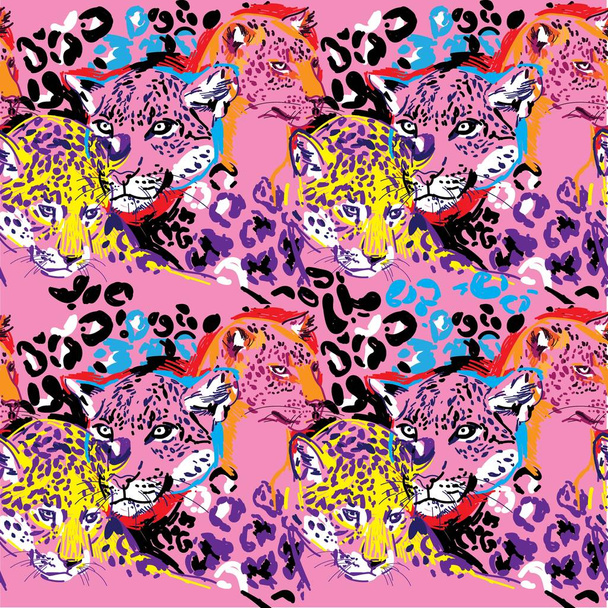Seamless pattern with leopards. Big cats. Pop Art. Stylish colorful background. Summer print. Figured markers. - Wektor, obraz