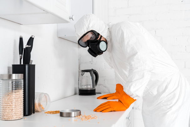 exterminador en máscara protectora de pie cerca del gabinete de cocina
  - Foto, imagen