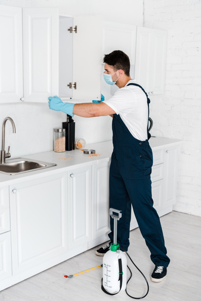 exterminator standing near kitchen cabinet and toxic equipment on floor - Zdjęcie, obraz