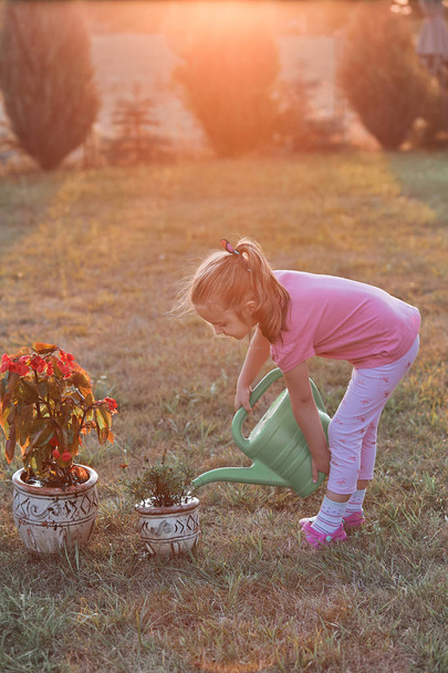 Küçük kız çiçekleri sulamak için yardım - Fotoğraf, Görsel
