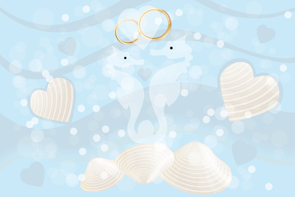 Tarjeta de boda con caballitos de mar y anillos
 - Vector, imagen