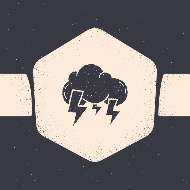Grunge-Sturm-Ikone isoliert auf grauem Hintergrund. Wolke und Blitz. Wetter-Ikone Sturm. Monochrome Vintage-Zeichnung. Vektorillustration - Vektor, Bild