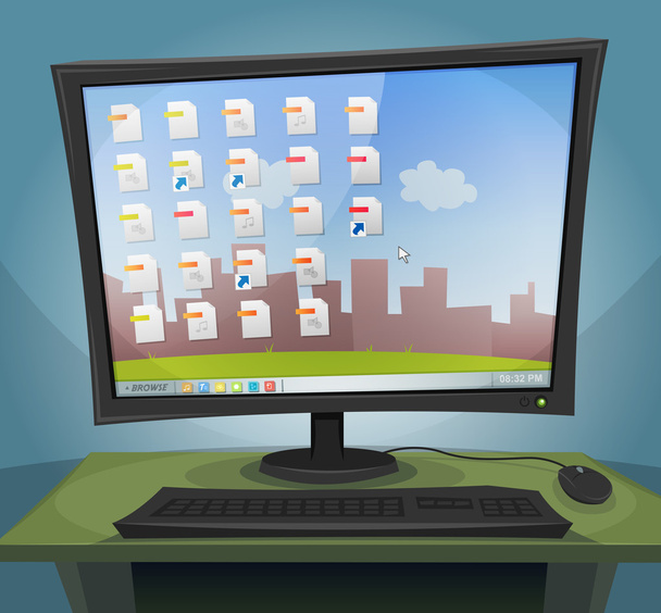 Desktop-Computer mit Betriebssystem auf dem Bildschirm - Vektor, Bild
