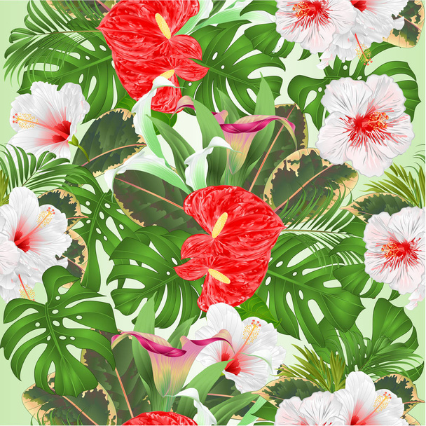 Bezszwowa tekstura kwiatowy kompozycje tropikalne kwiaty Lilie cala i Anturium, biały Hibiscus dłoń Philodendron i Ficus ilustracja rysunek ręka Vintage wektor  - Wektor, obraz