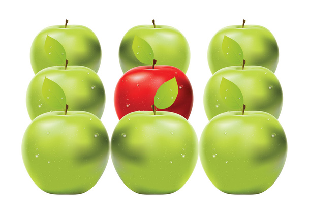Červené jablko mezi zelená jablka - Vektor, obrázek