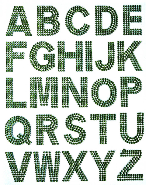 green rhinestones alphabets letters set A to Z for educational and business isolated on white background - Foto, imagen