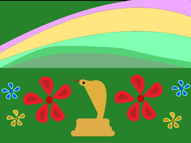 Fantasy illusztráció a kígyó, virágok és a Rainbow a réten - Fotó, kép
