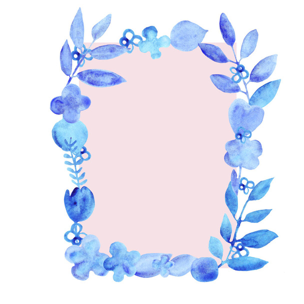 watercolor provincial flowers and leaves blue frame - Foto, Imagen