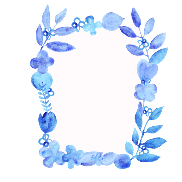 Aquarell Provinzblumen und Blätter blauer Rahmen - Foto, Bild