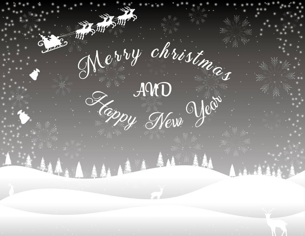 Black white christmas card winter forest snowdrifts flying santa - Vector, Image