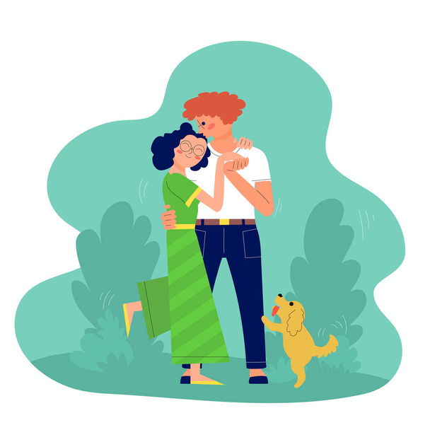 Joven pareja de hombre y mujer está abrazando y besándose al aire libre, paseando con su perro. vector de stock
 - Vector, imagen