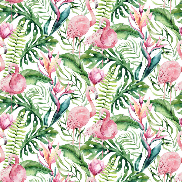 Hand drawn watercolor tropical bird flamingo seamless pattern . Exotic rose bird illustrations, jungle tree, brazil trendy art. Perfect for fabric design. Aloha collection. - Photo, Image