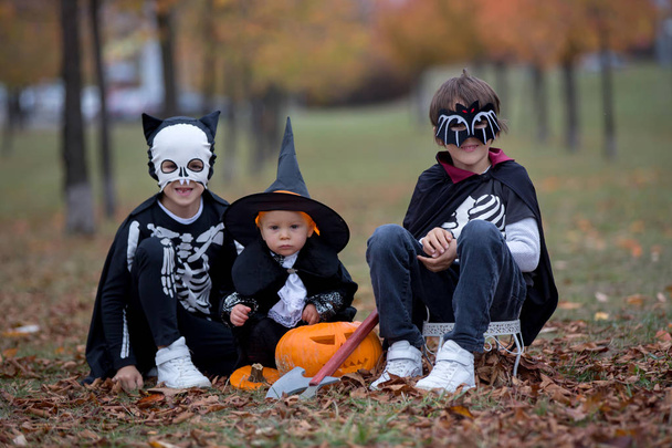 Children having fun with halloween carved pumpkin in a park, wea - Фото, изображение