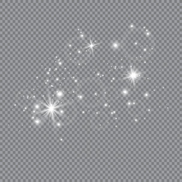 Staubweiß. weiße Funken und goldene Sterne leuchten mit besonderem Licht. funkelt auf einem transparenten Hintergrund. Weihnachten abstraktes Muster. funkelnde magische Staubpartikel. - Vektor, Bild