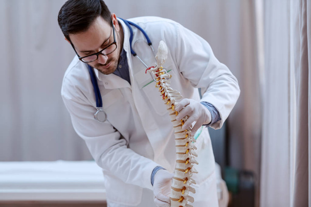Mladá vážná perspektiva Kavkazský doktor v bílé uniformě a se stetoskem kolem krku, který drží v nemocnici model páteře. - Fotografie, Obrázek