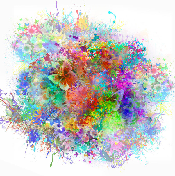 красочные краски брызги цифровой иллюстрации с бабочками и цветами
 - Фото, изображение