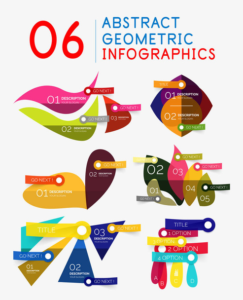 Az absztrakt geometriai infographics beállítási számok halmaza. Munkafolyamat-elrendezések, diagramok, lépésbeállítások, web design, infographics modern sablonok - Vektor, kép