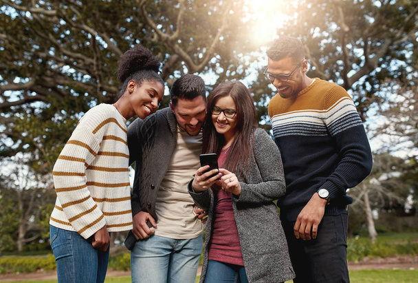 Group of young multi racial friends standing together looking at mobile phone in the park smiling - warm outdoors  - Фото, изображение