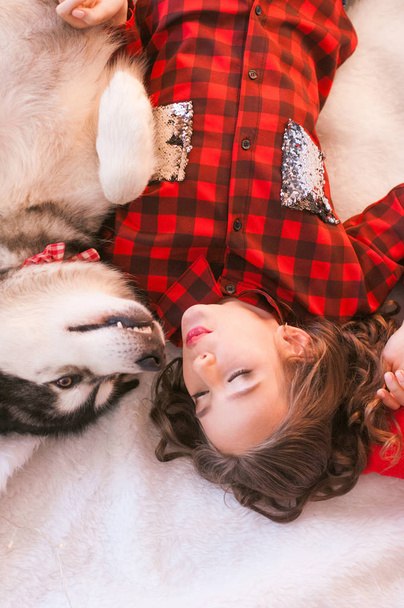 Cute girl in a red checkered shirt with malamute at home in the room decorated for Christmas. Happy christmas mood - Fotó, kép