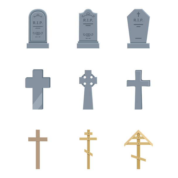 Διάνυσμα σετ από εικονίδια νεκροταφείου. Επιτύμβιες στήλες, ταφόπλακες και σταυροί. - Διάνυσμα, εικόνα