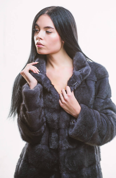 Luxurious fur. Woman attractive model wear dark soft coat. Fashion concept. Female with makeup wear mink black fur coat. Girl posing fur coat. Girl elegant lady wear fashionable coat jacket - Zdjęcie, obraz