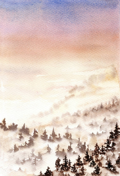 Hand drawn watercolor landscape. Sunset sky and mountains with forest trees in fog. - Photo, Image