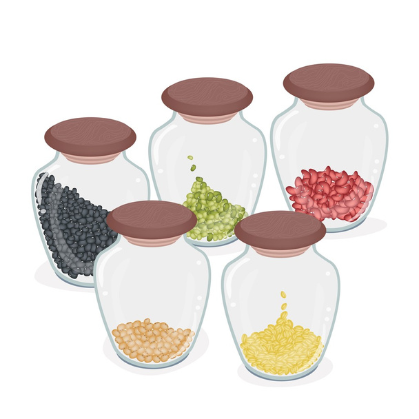 pět lahví různých fazole izolovaných na bílém pozadí - Vektor, obrázek