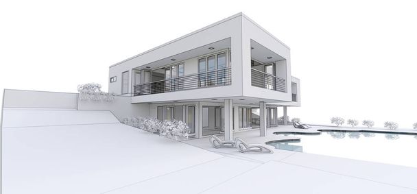 3D сучасний будинок, на білому тлі. 3d ілюстрація
. - Фото, зображення