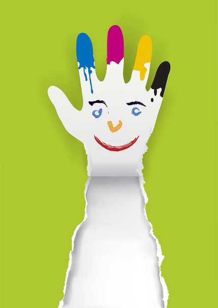 Papierhand mit einem lächelnden Gesicht und Farbflecken. Illustration von grünem Papierhintergrund mit lustiger zerrissener Papierhand, die das Kunstwerk von Kindern symbolisiert. Vektor verfügbar. - Vektor, Bild