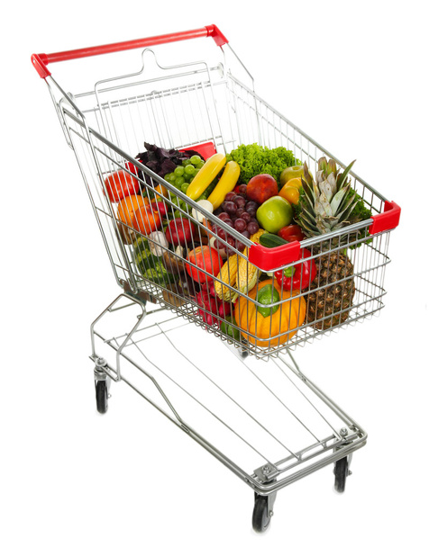 Different fruits and vegetables in trolley isolated on white - Photo, Image