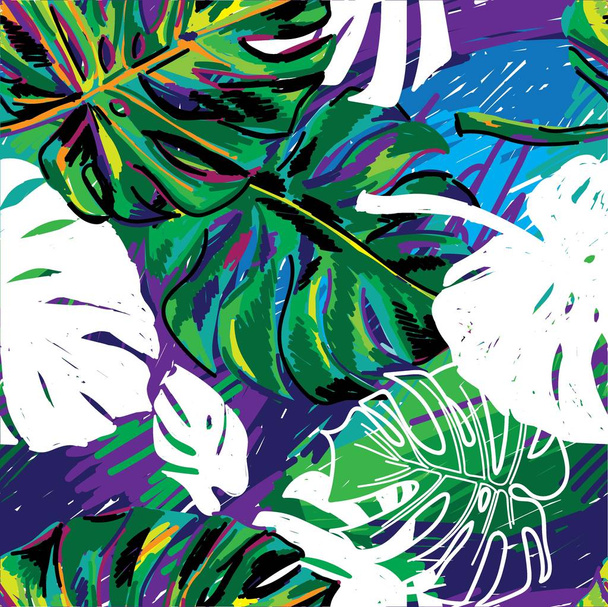 Бесшовный рисунок с листьями монстров. Тропические растения. Набор изображений. Многоцветный рисунок
. - Вектор,изображение