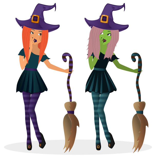 Милая рыжая блондинка-ведьма с метлой. Фиолетовая шапка и одежда ведьмы. Дизайн персонажей мультфильмов. Хэллоуинская иллюстрация. Векторная иллюстрация на белом фоне
  - Вектор,изображение