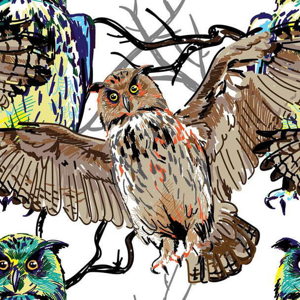Seamless pattern with owls. Frightening, gloomy. Stylish colorful background. Flying owls and owls. Night birds. - Vektor, obrázek