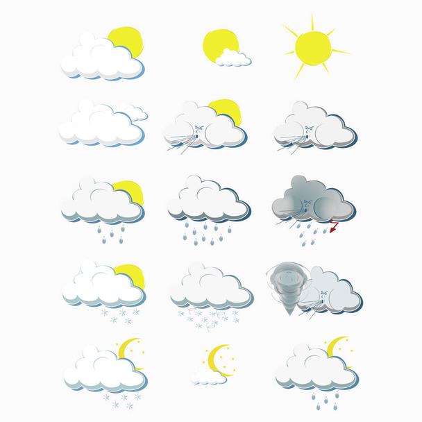 Clouds and sun icons set. Sun, cloud, rain symbols on sky Vector. Collection of Cloud, rain, sun logo template. For Weather forecast interface design. Season banners. - Wektor, obraz