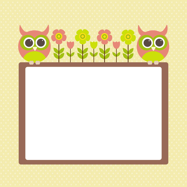 Vector postcard frame nature. Cute owls with flowers. - Vetor, Imagem