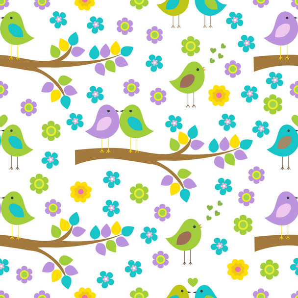 Vector seamless pattern on the theme of nature. Lovers of birds sitting on the branches of trees. - Vector, Image