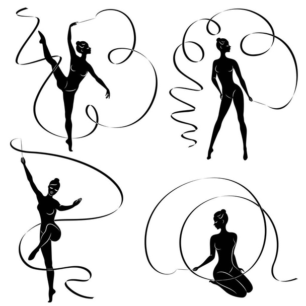 Collection. Rhythmic gymnastics. Silhouette of a girl with a ribbon. Beautiful gymnast. The woman is slim and young. Vector illustration set. - Vector, Image