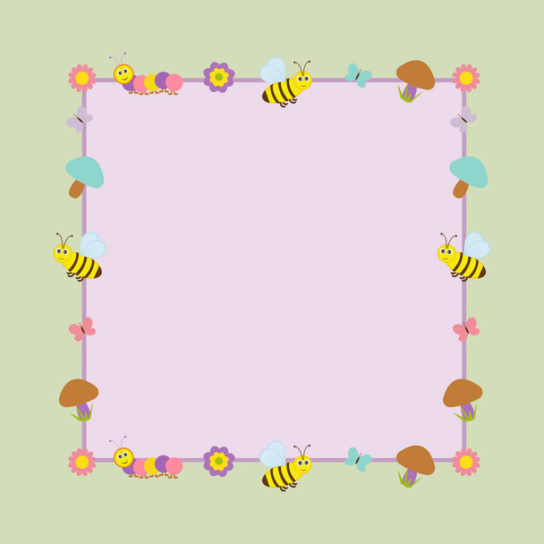 Vector postcard frame child theme. Caterpillar and bees,flowers and mushrooms, butterflies. - Vetor, Imagem