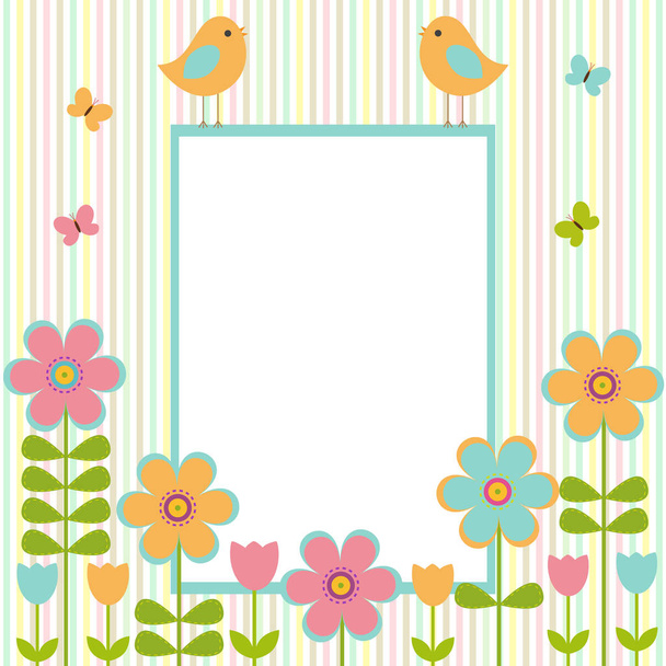 Vector postcard frame on the spring-summer theme. Birds sitting among bright flowers and butterflies. There's space for photo or text. - ベクター画像