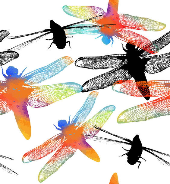 die Silhouette einer Regenbogenlibelle. nahtloses Muster mit bunten Libellen. Vektorillustration - Vektor, Bild