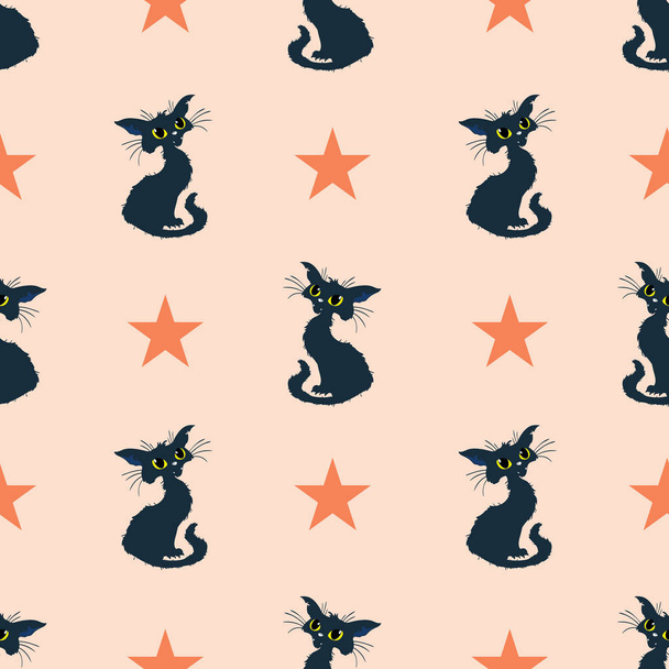 Black cats halloween orange vector repeat pattern. - Vetor, Imagem