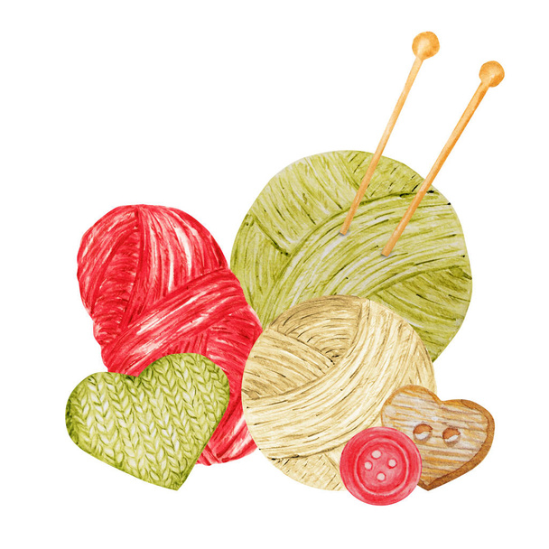 赤緑茶色の編み店ロゴタイプ、ブランディング、アバター - 針、糸、ボタンの組成。ニット工芸品、趣味ロゴ。手作りや糸のアイコンのボールで編むイラスト、ニードルワーク - 写真・画像