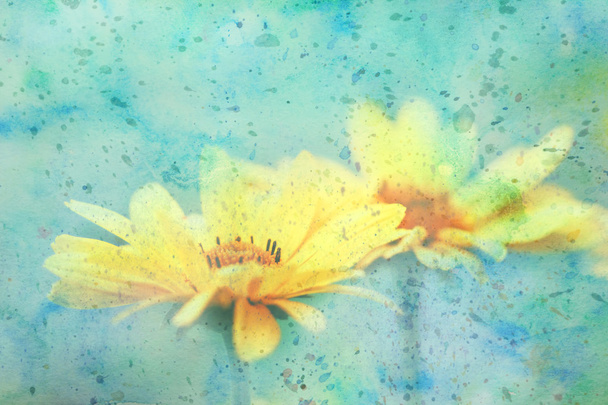 Artwork with cute yellow flowers and watercolor strokes - Zdjęcie, obraz