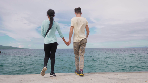 Interracial couple holds hands, walking towards the sea looking at the seascape. - Footage, Video