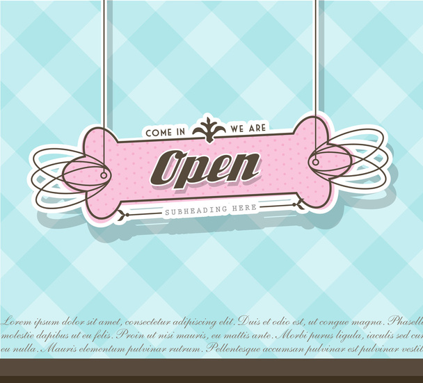 Open sign hanging on pink badge with blue background. - ベクター画像