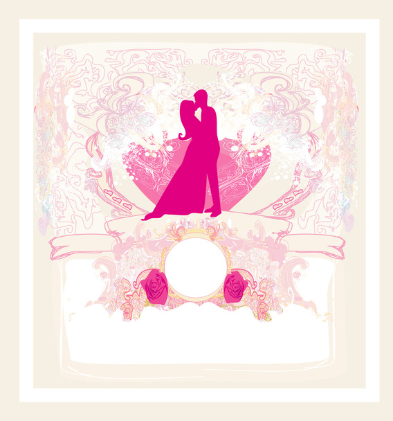Floral greeting card with silhouette of romantic couple - Vector, Image