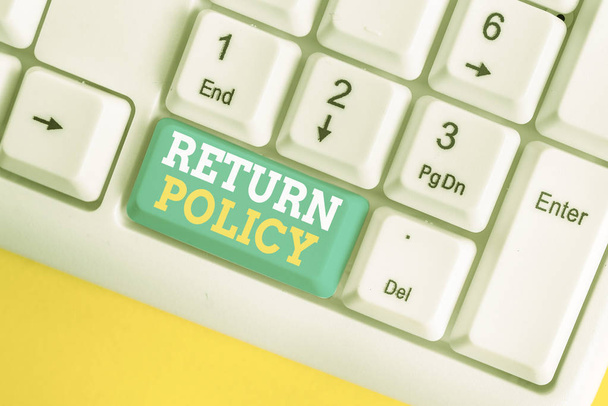 Writing note showing Return Policy. Business photo showcasing Tax Reimbursement Retail Terms and Conditions on Purchase White pc keyboard with note paper above the white background. - Photo, Image