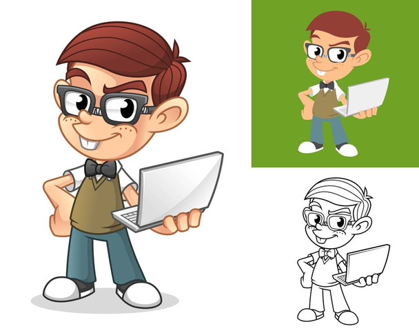 フラットと白黒のデザイン、ベクトルイラスト、孤立した白い背景で、ラップトップコンピュータの漫画のキャラクターマスコットイラストを立って保持するハッピーオタクの少年. - ベクター画像
