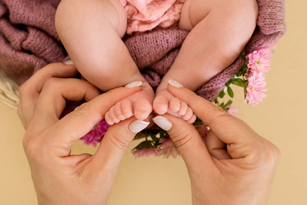  Füße des neugeborenen Mädchens mit rosa Blüten, Finger am Fuß, mütterliche Pflege, Liebe und Umarmungen in der Familie, Zärtlichkeit.  - Foto, Bild