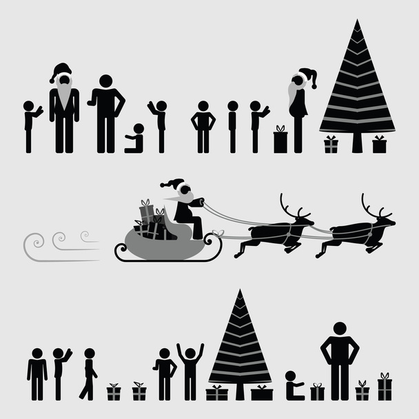 Santa, rénszarvasok és örömteli ajándékok - Vektor, kép